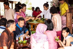 Food being served. Noodles and a variety of desserts started us off. 